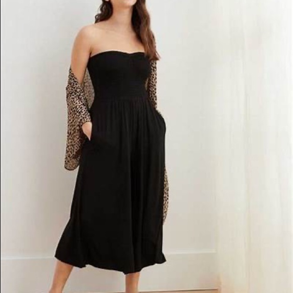 Aerie Smocked Black Strapless Jumpsuit